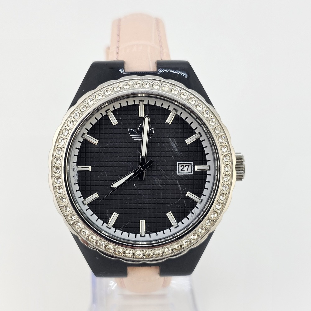 Adidas Women's Watch 43MM Black Dial Date NEW Pink Leather Bands NEW Battery